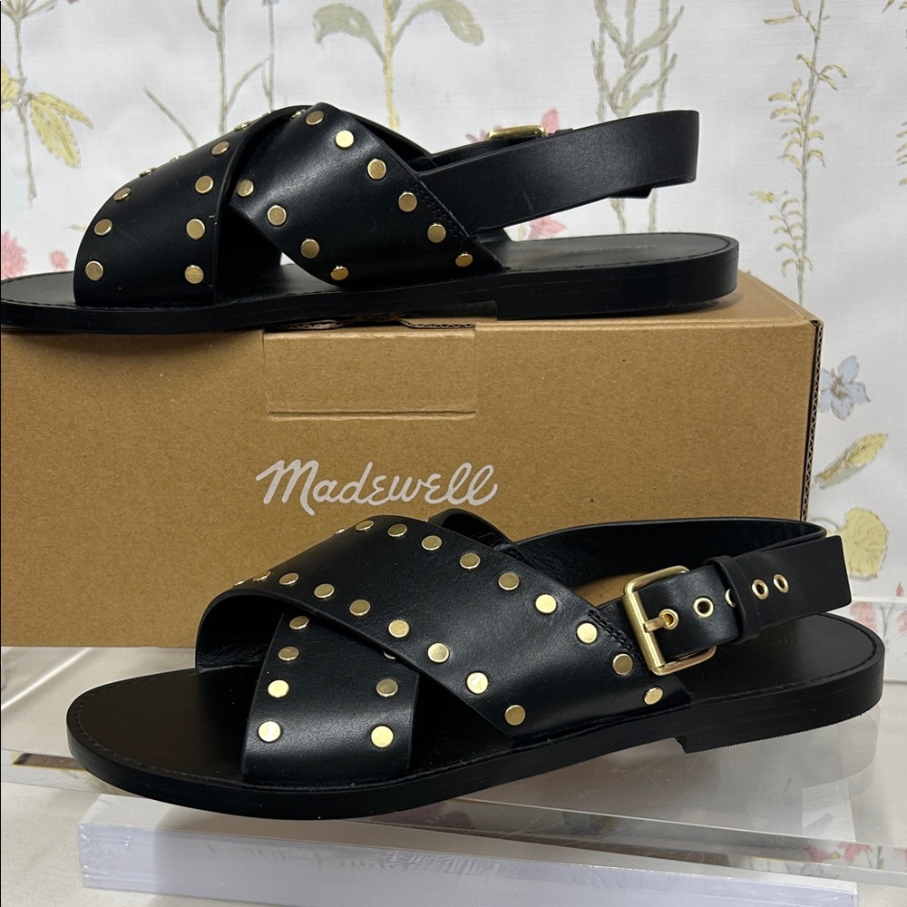 Madewell Black Sandals with Gold Studs